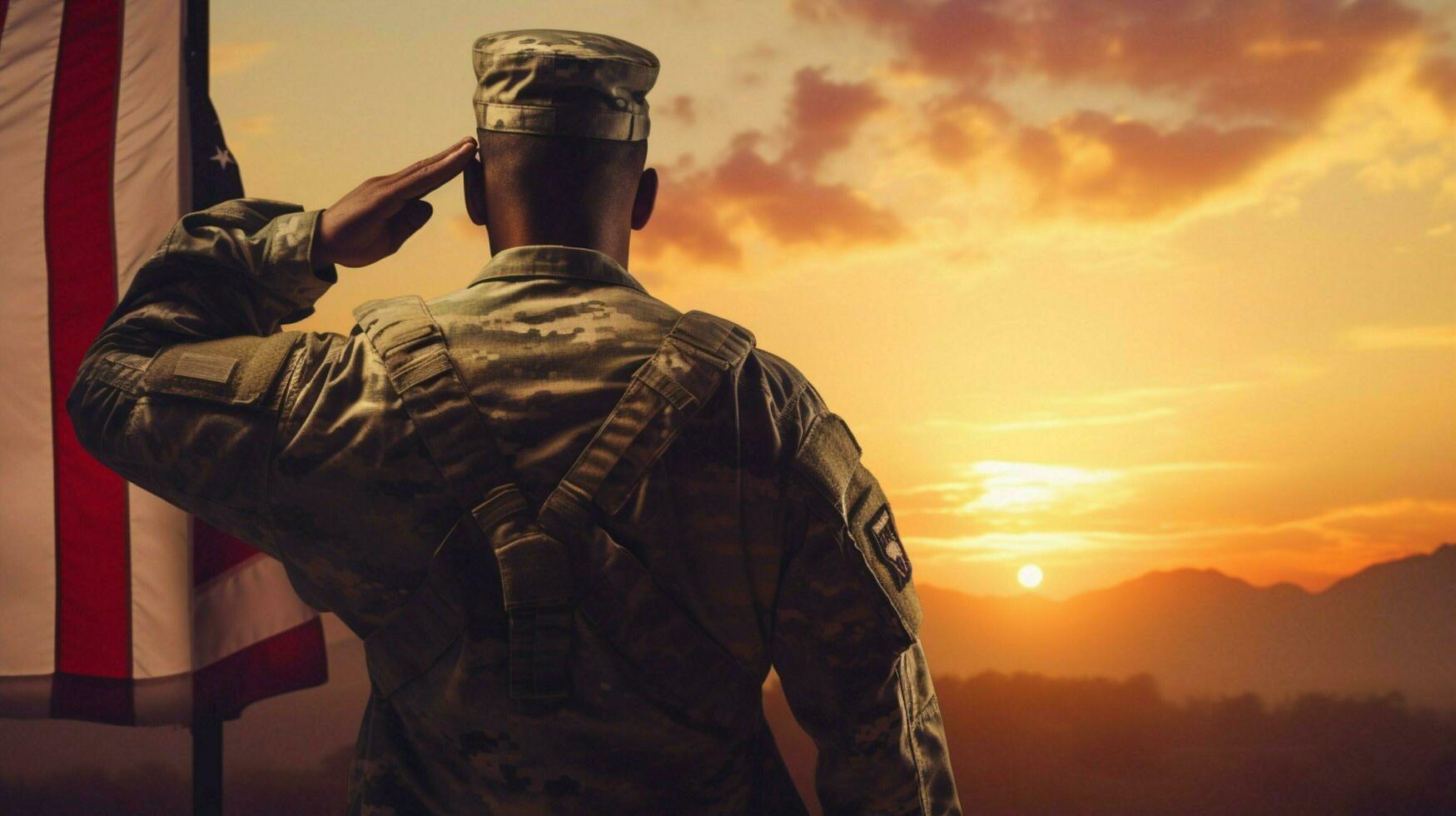 em pé exército soldado saudações americano bandeira às pôr do sol foto