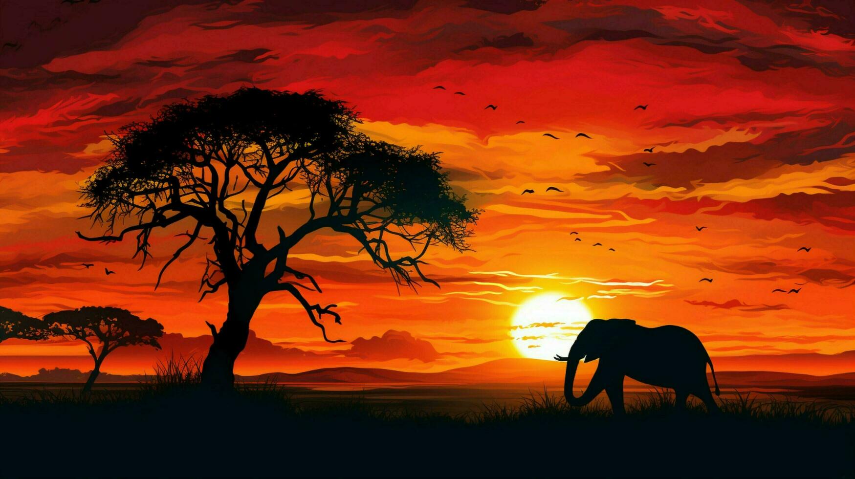 pôr do sol silhueta africano elefante no meio savana foto