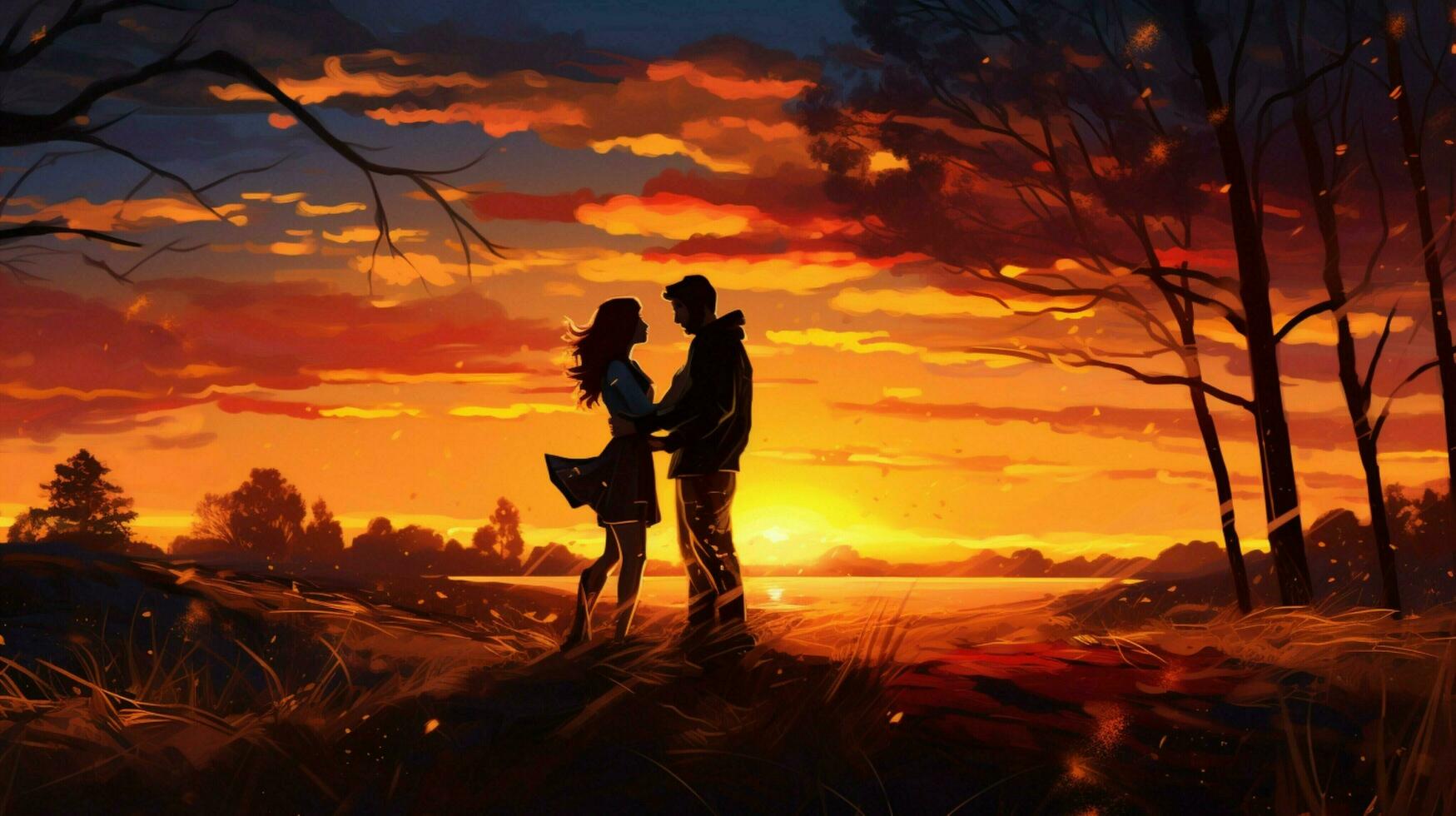 pôr do sol romance dois pessoas abraçando dentro natureza foto