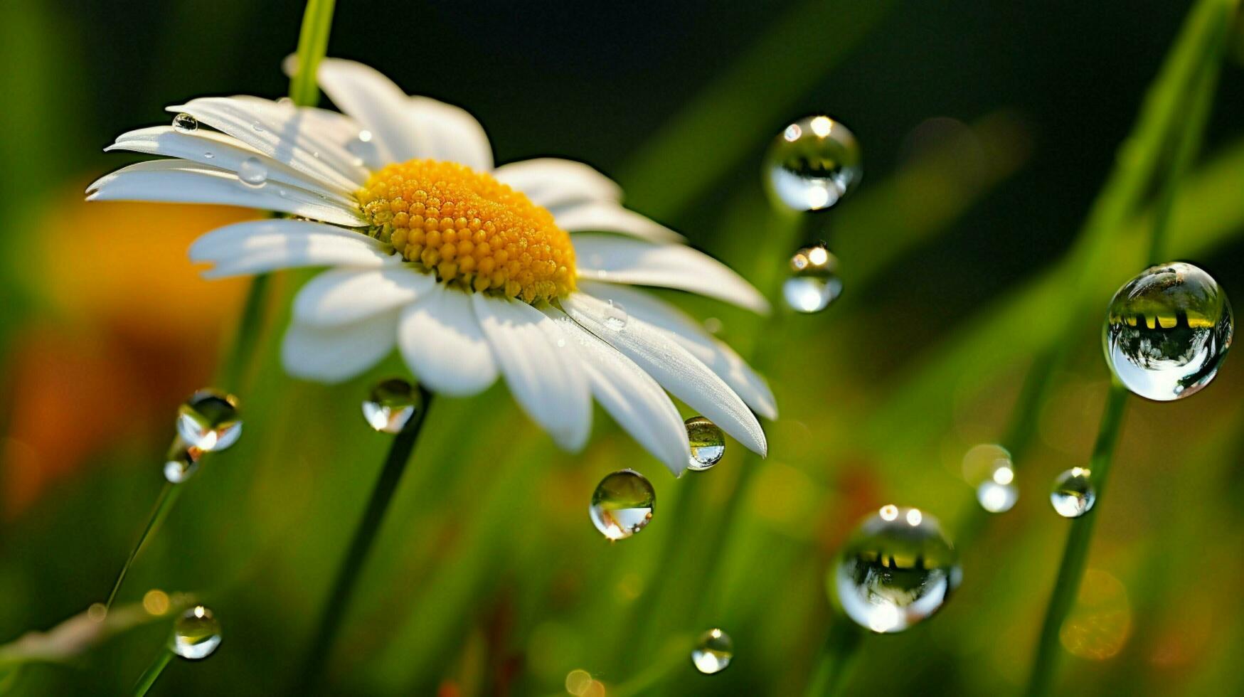 vibrante camomila gota de orvalho em frágil margarida dentro outono foto