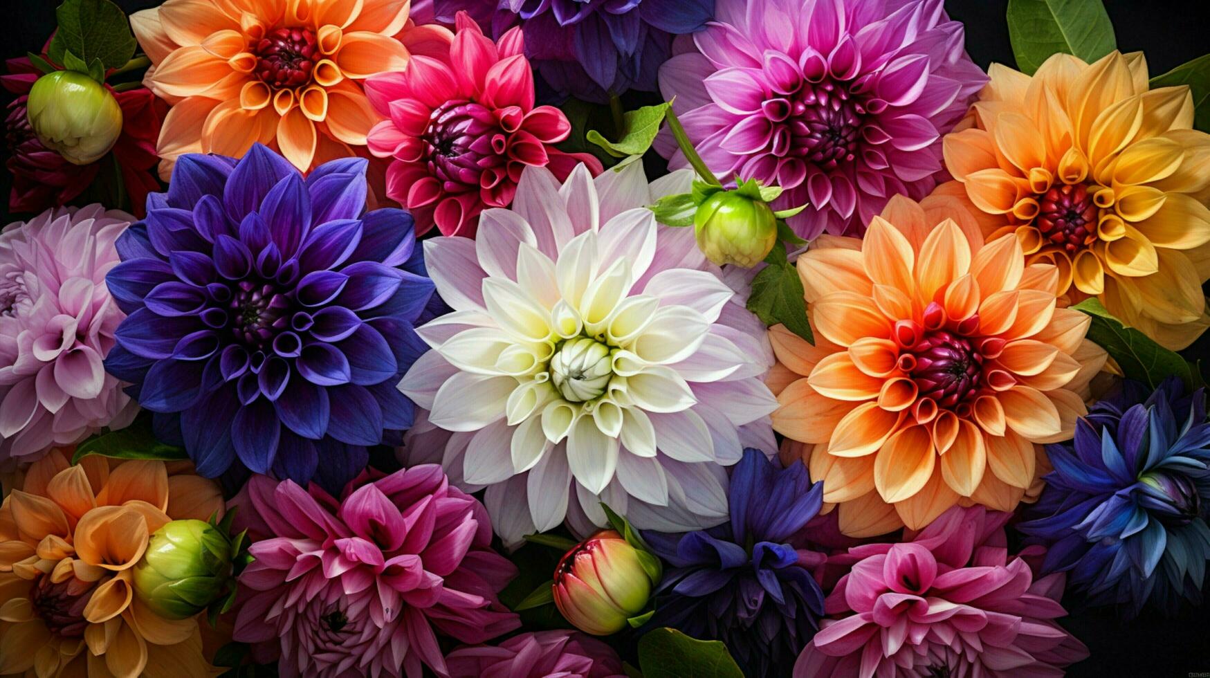 vibrante dálias flor dentro uma colorida ramalhete natureza decoração foto
