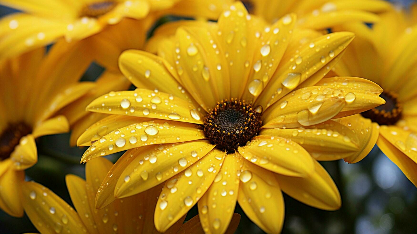 vibrante pétalas do uma orvalhado amarelo margarida dentro uma formal jardim foto