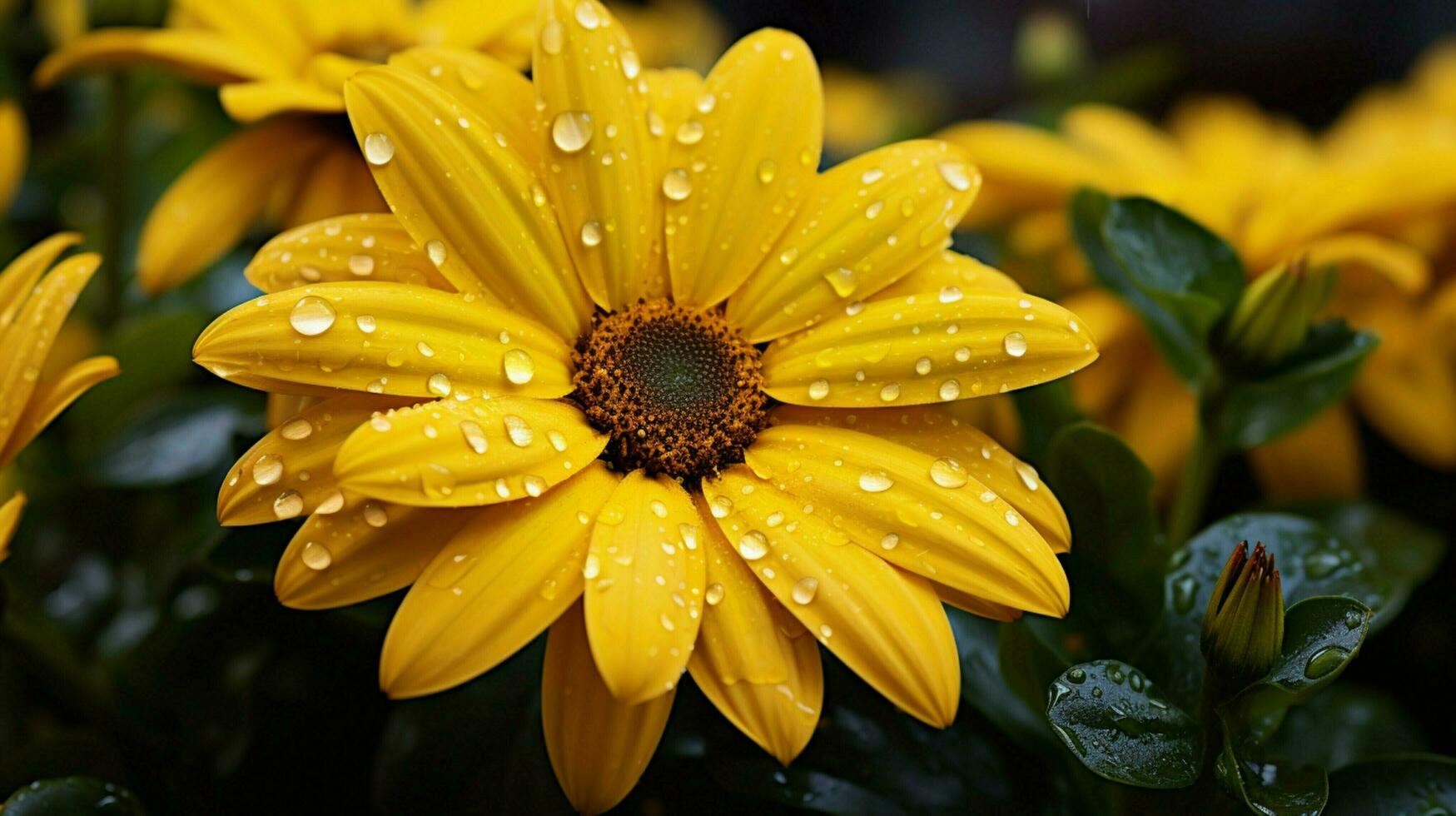 vibrante pétalas do uma orvalhado amarelo margarida dentro uma formal jardim foto