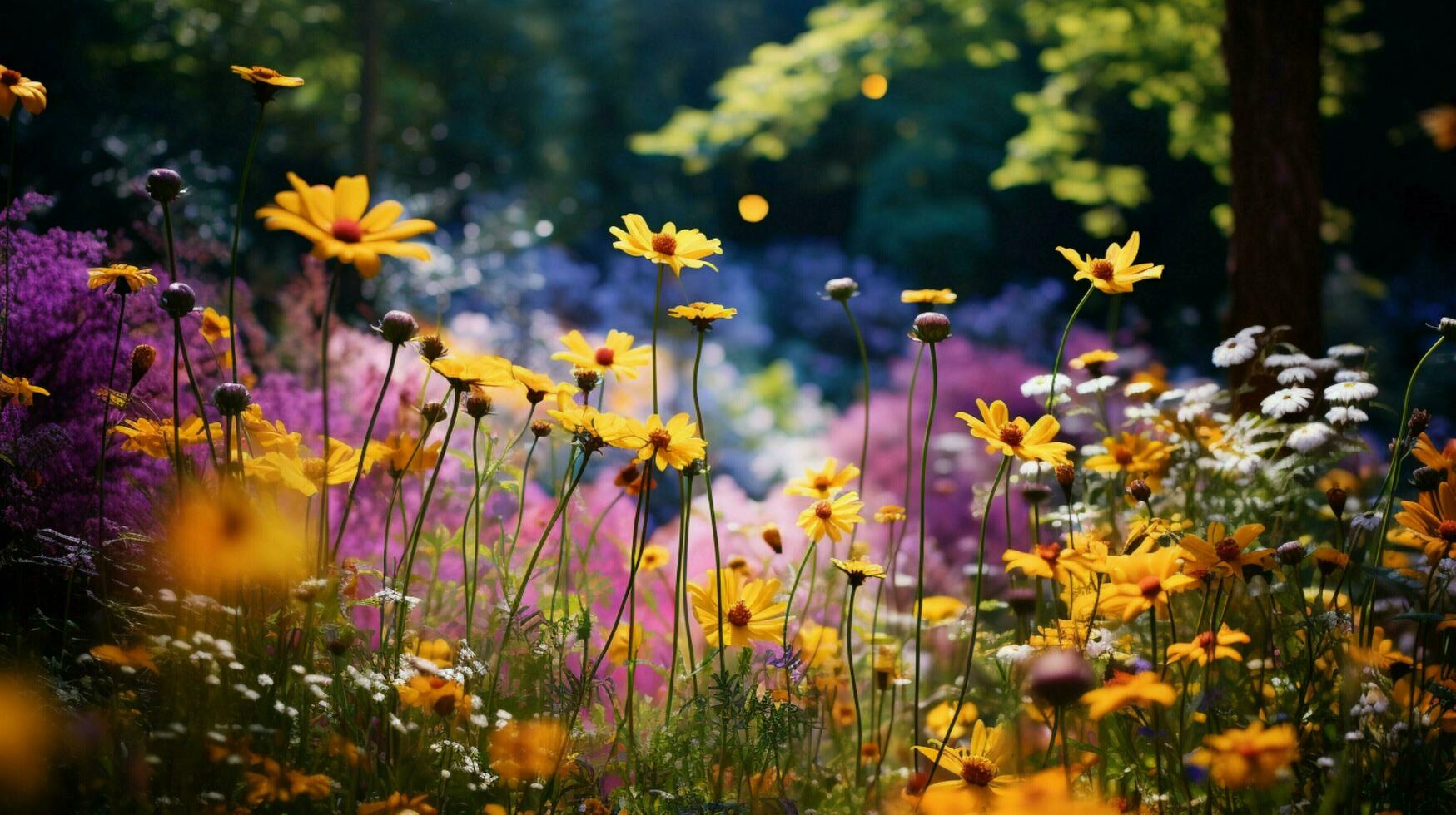 vibrante flores silvestres Prado dentro verão com amarelo e roxa foto