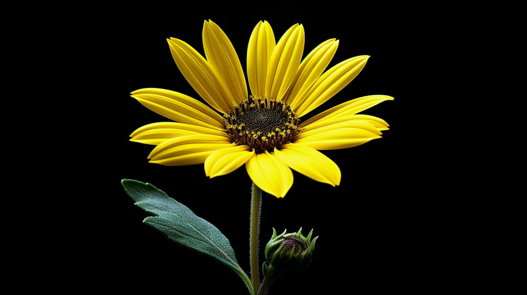 vibrante amarelo margarida uma solteiro flor dentro foco em Preto foto