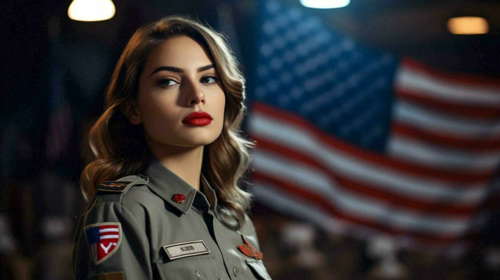 jovem mulher dentro militares uniforme mostra patriotismo foto