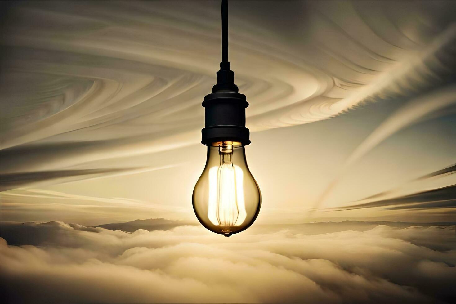 uma luz lâmpada é suspensão dentro a ar acima nuvens. gerado por IA foto