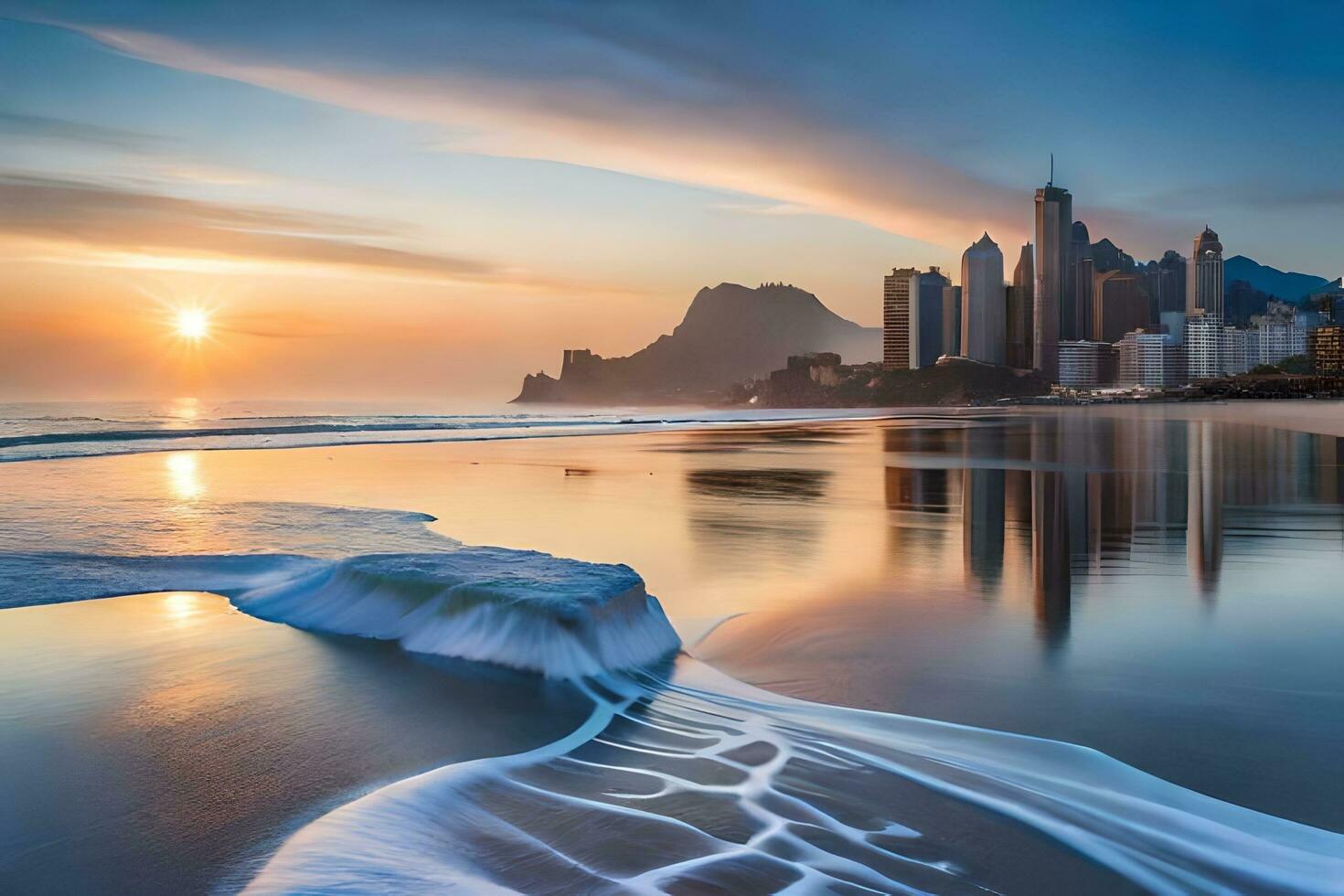 uma de praia com ondas e uma cidade Horizonte às pôr do sol. gerado por IA foto