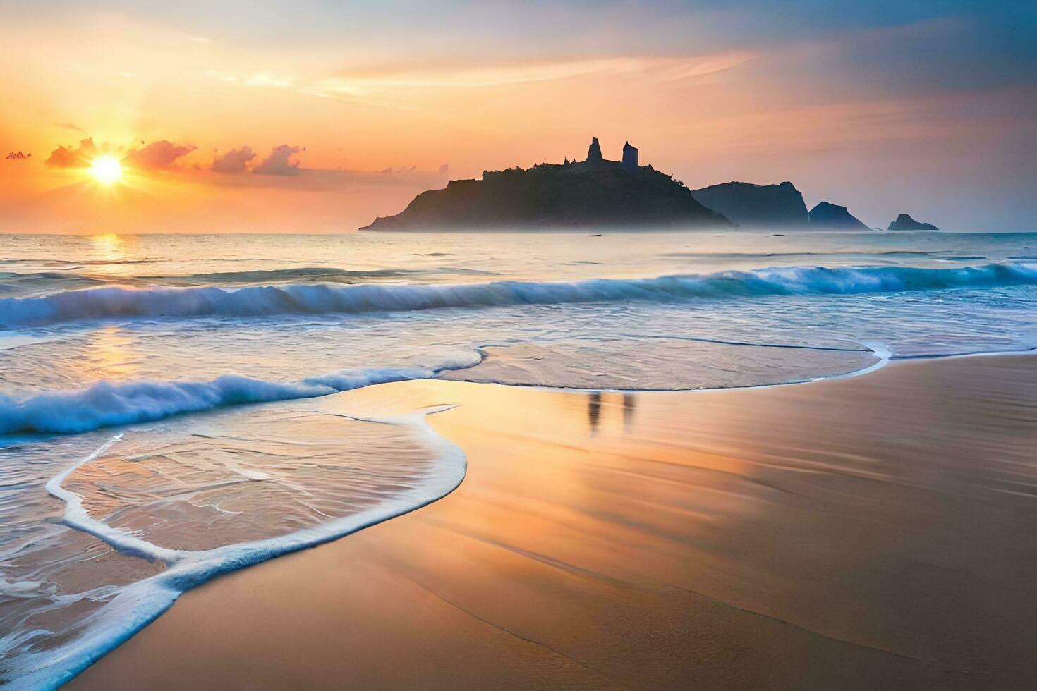 pôr do sol em a de praia com ondas e uma castelo. gerado por IA foto