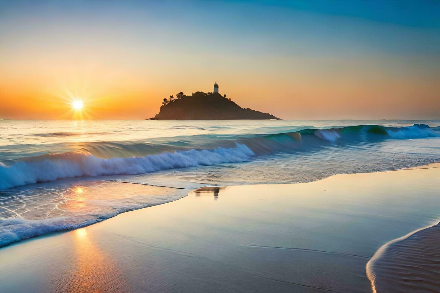 pôr do sol em a de praia com ondas e uma farol. gerado por IA foto