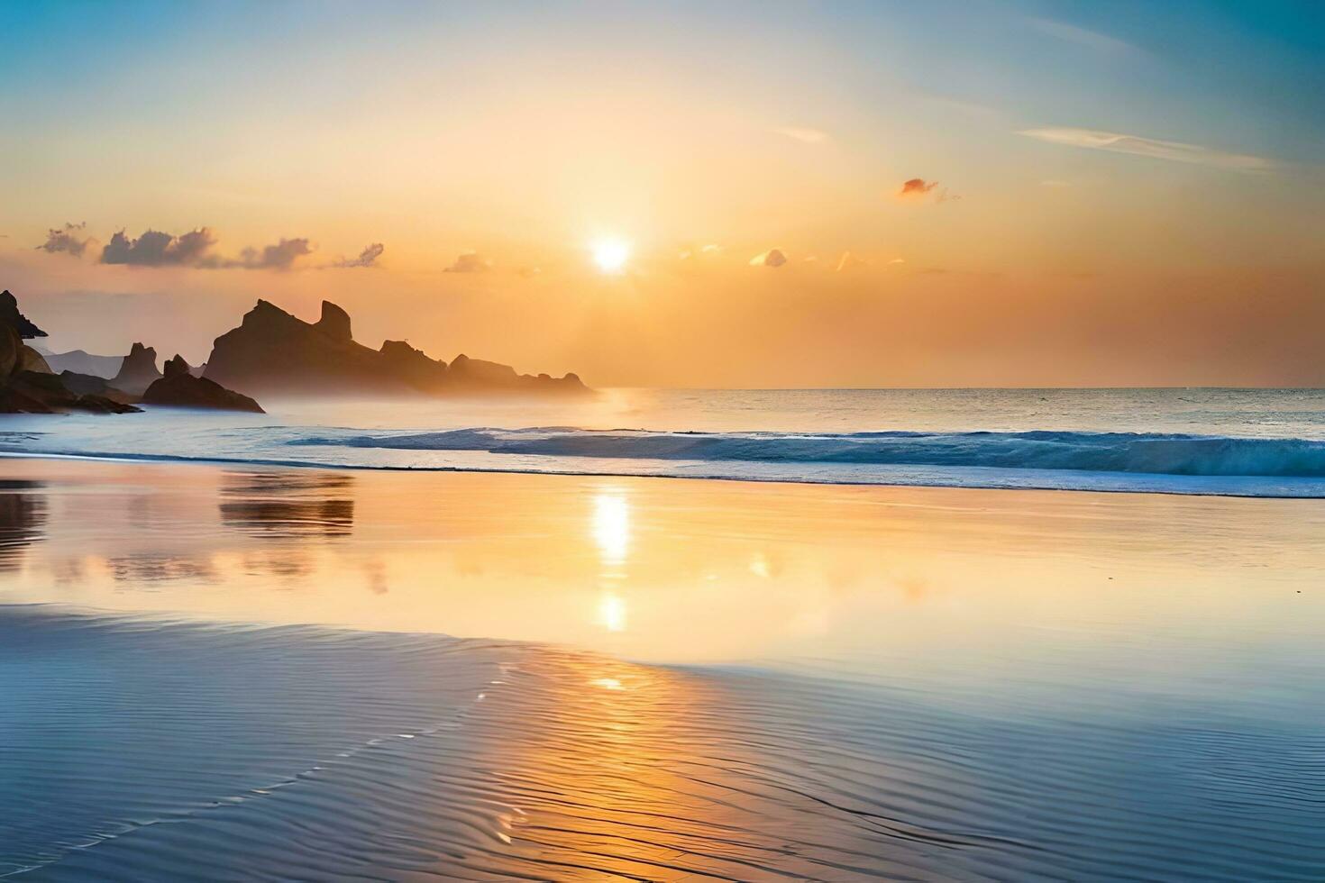pôr do sol em a de praia com ondas e pedras. gerado por IA foto