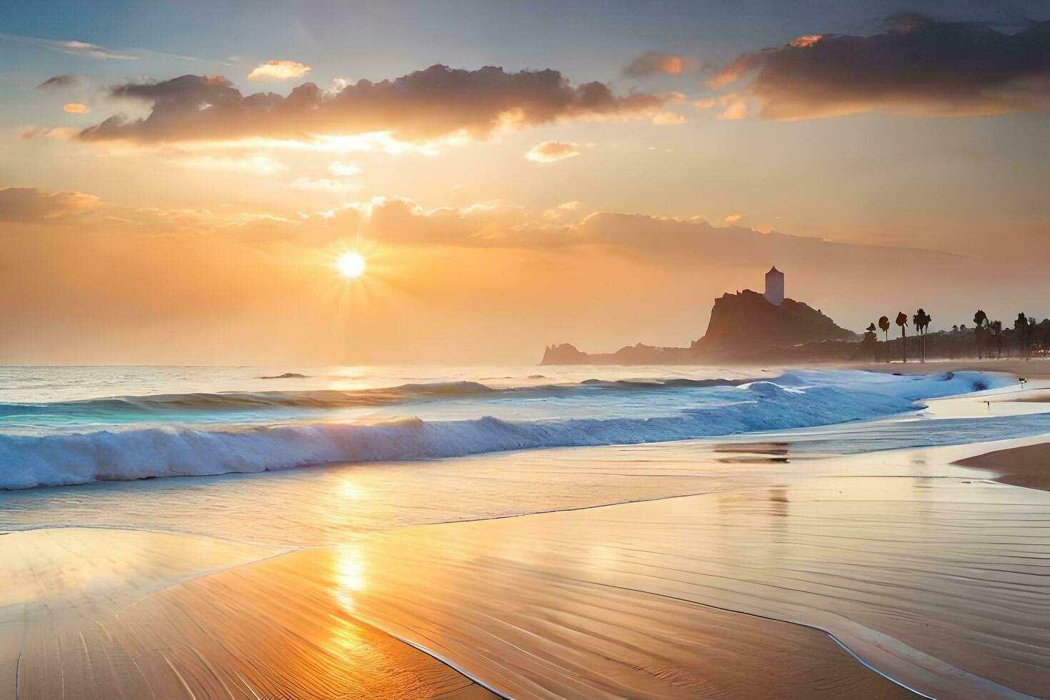 pôr do sol em a de praia com ondas e uma farol. gerado por IA foto