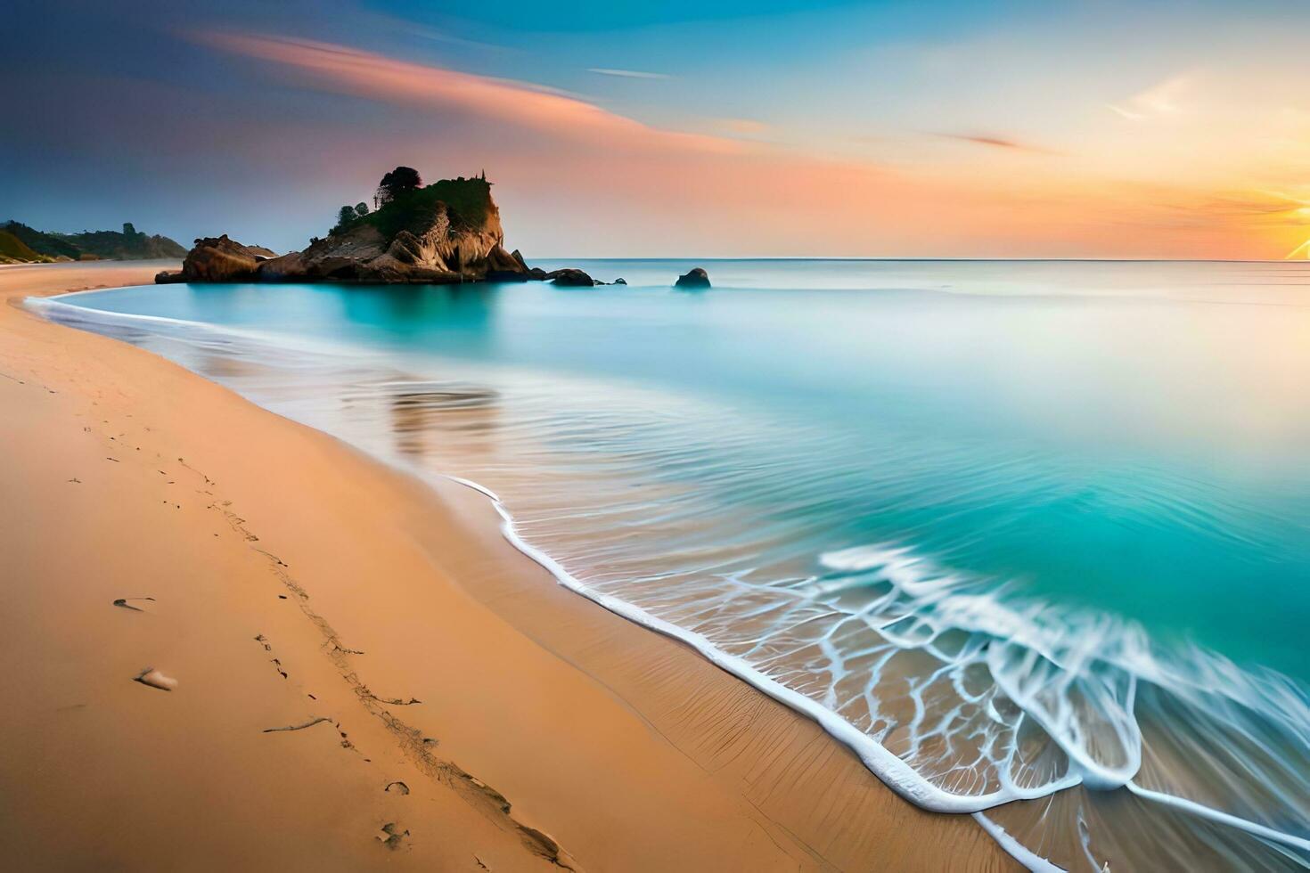 uma lindo de praia às pôr do sol com ondas e pedras. gerado por IA foto