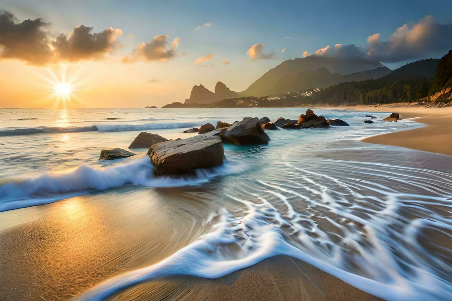 uma lindo pôr do sol sobre a oceano com ondas falhando em a de praia. gerado por IA foto