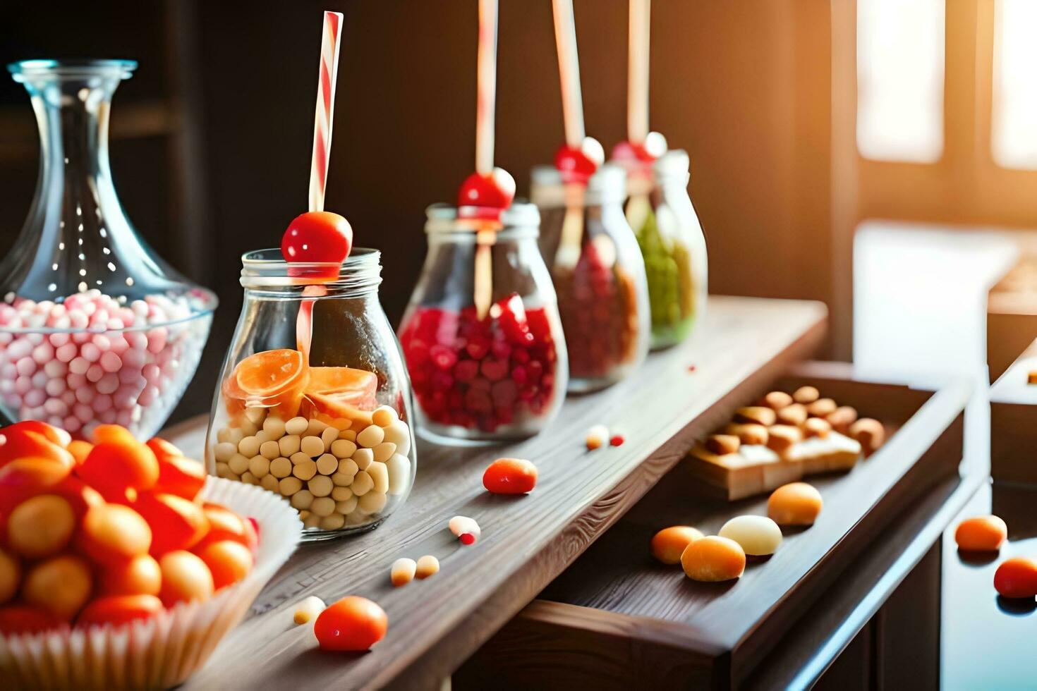 vários doces e doces dentro frascos em uma mesa. gerado por IA foto