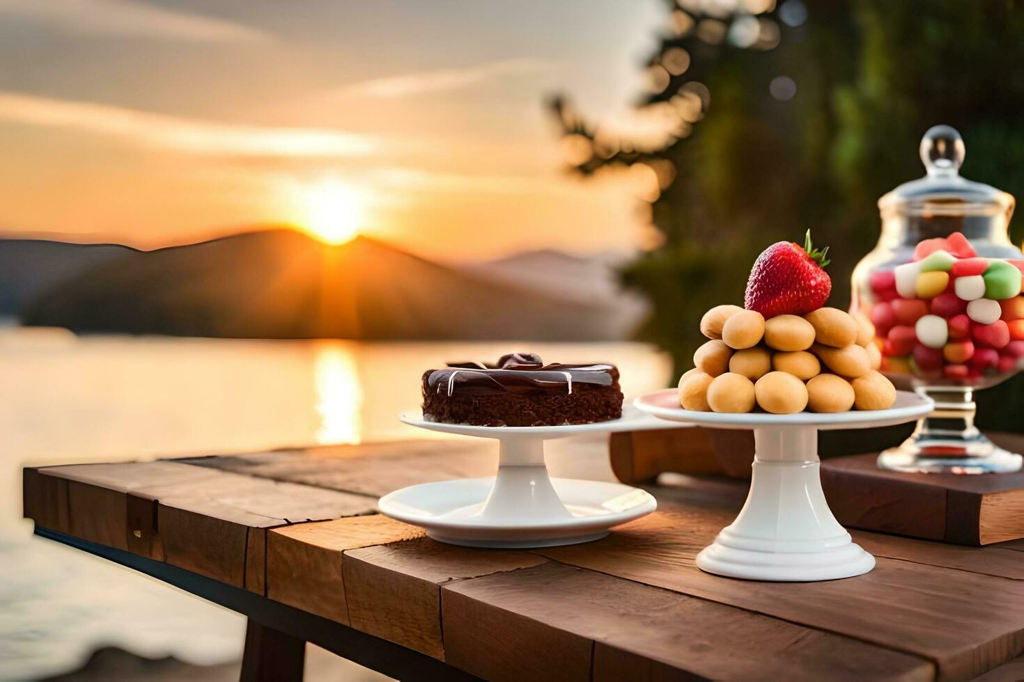 uma sobremesa mesa com bolo e fruta em isto. gerado por IA foto