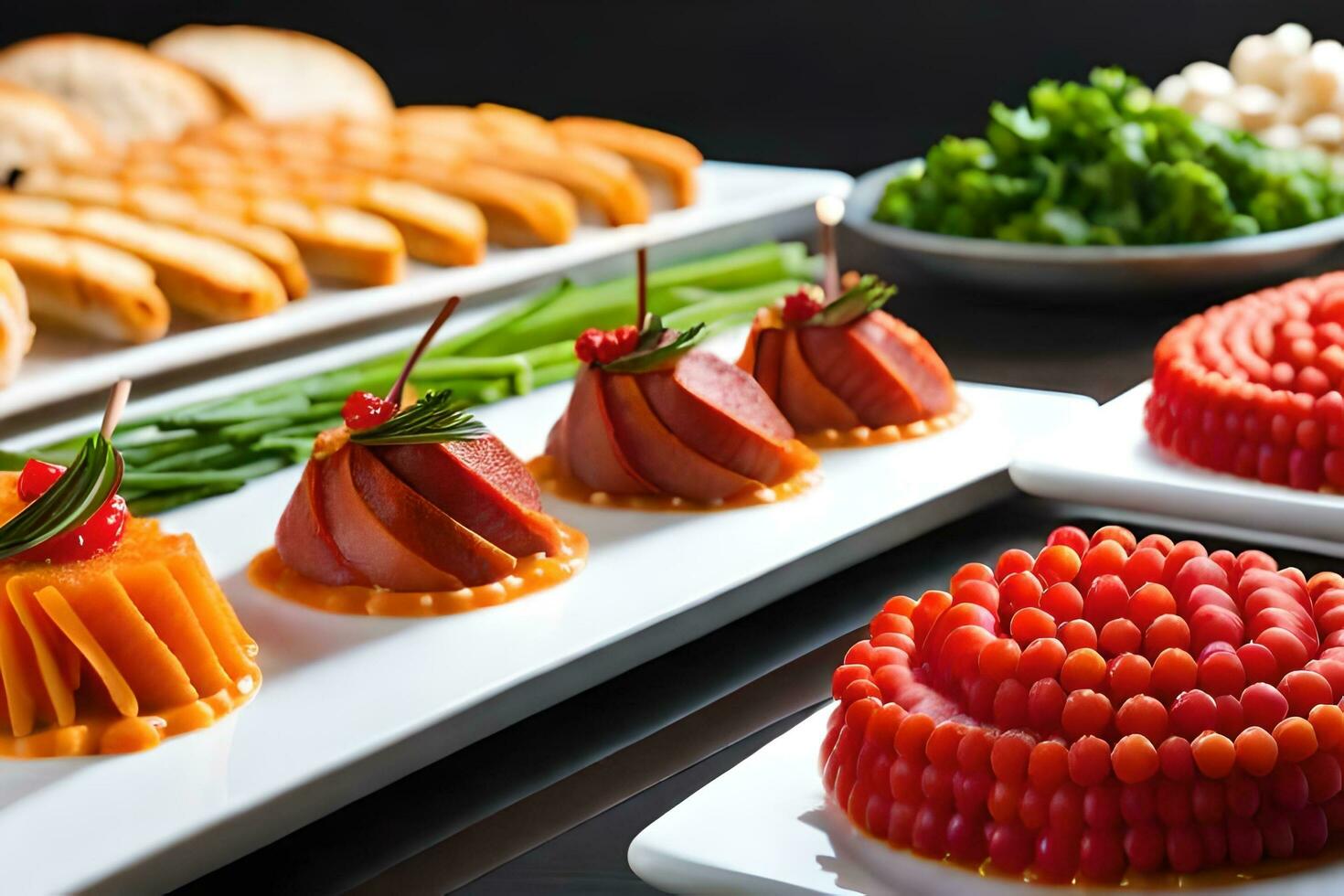 uma variedade do aperitivos em branco pratos. gerado por IA foto