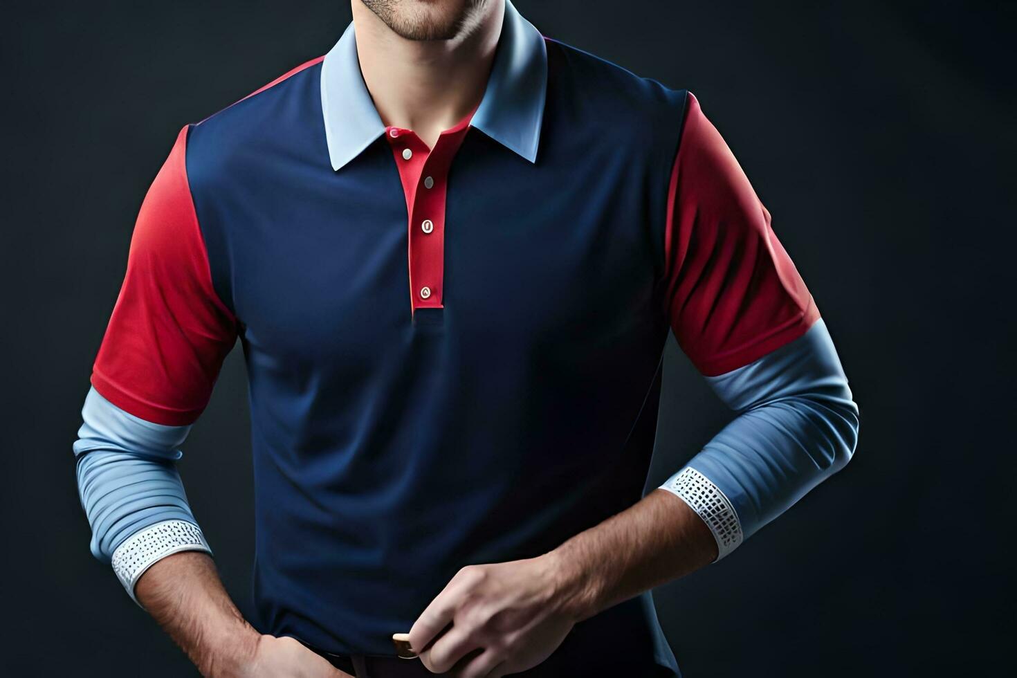 uma homem dentro uma azul e vermelho pólo camisa. gerado por IA foto