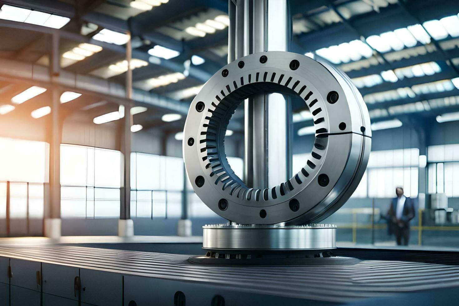 uma ampla metal máquina é sentado dentro uma fábrica. gerado por IA foto