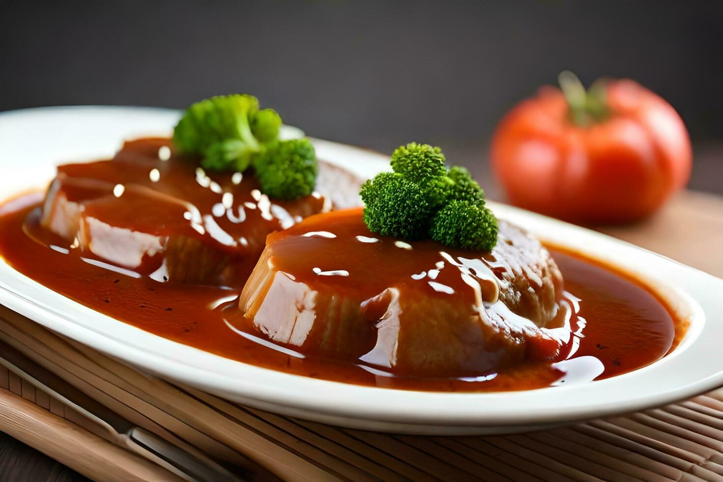 dois peças do carne coberto dentro molho e brócolis. gerado por IA foto