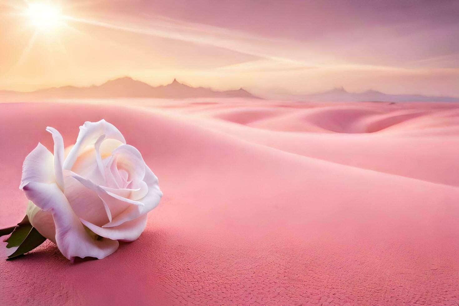 uma solteiro rosa senta dentro a meio do uma Rosa deserto. gerado por IA foto