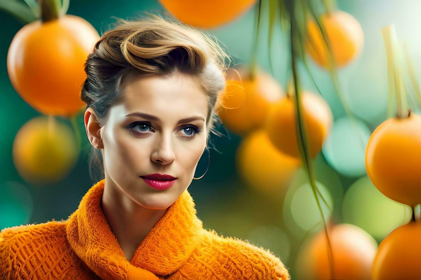 lindo mulher dentro laranja suéter com laranja fruta. gerado por IA foto