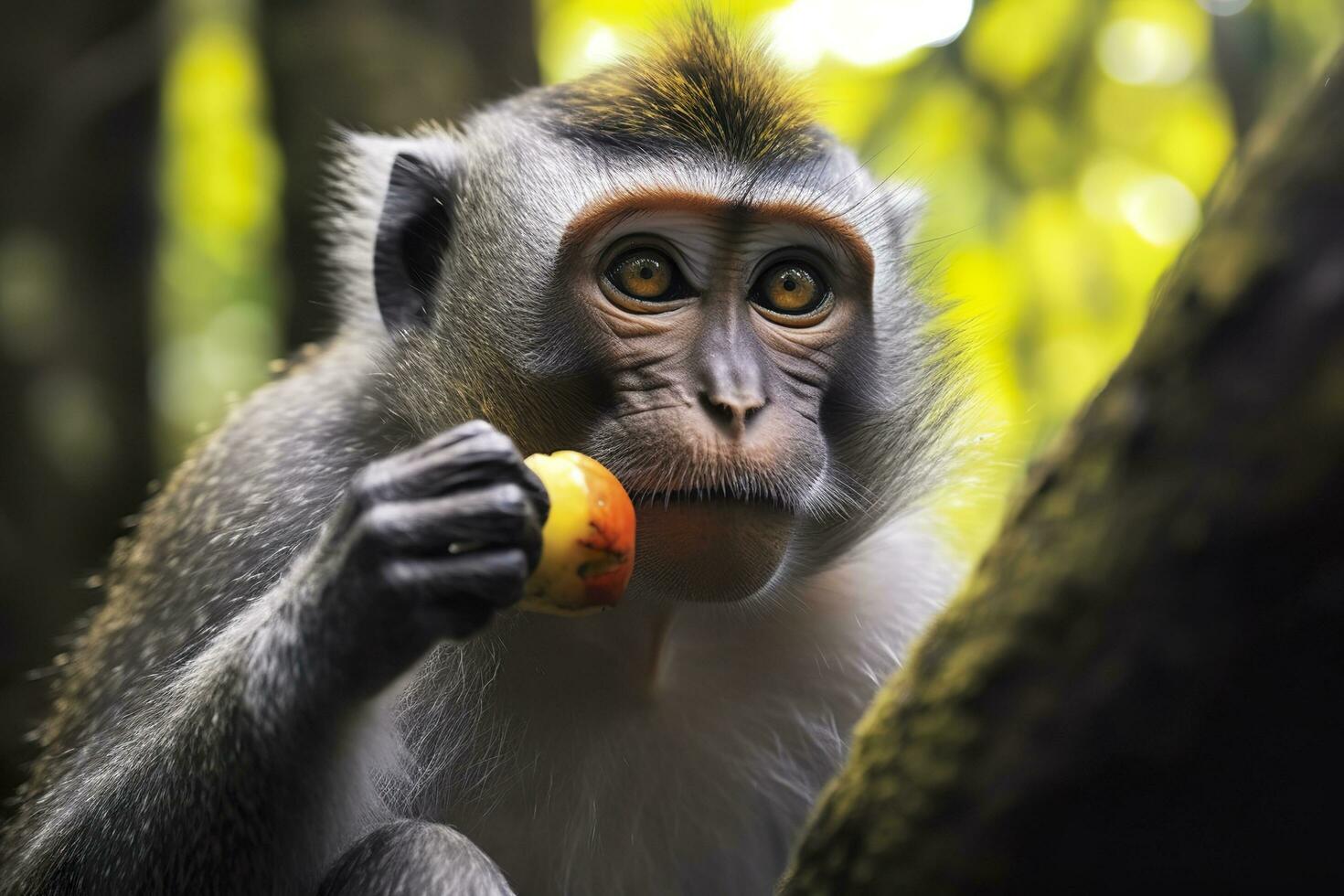 fechar acima do macaco comendo fruta dentro a selva. generativo ai foto