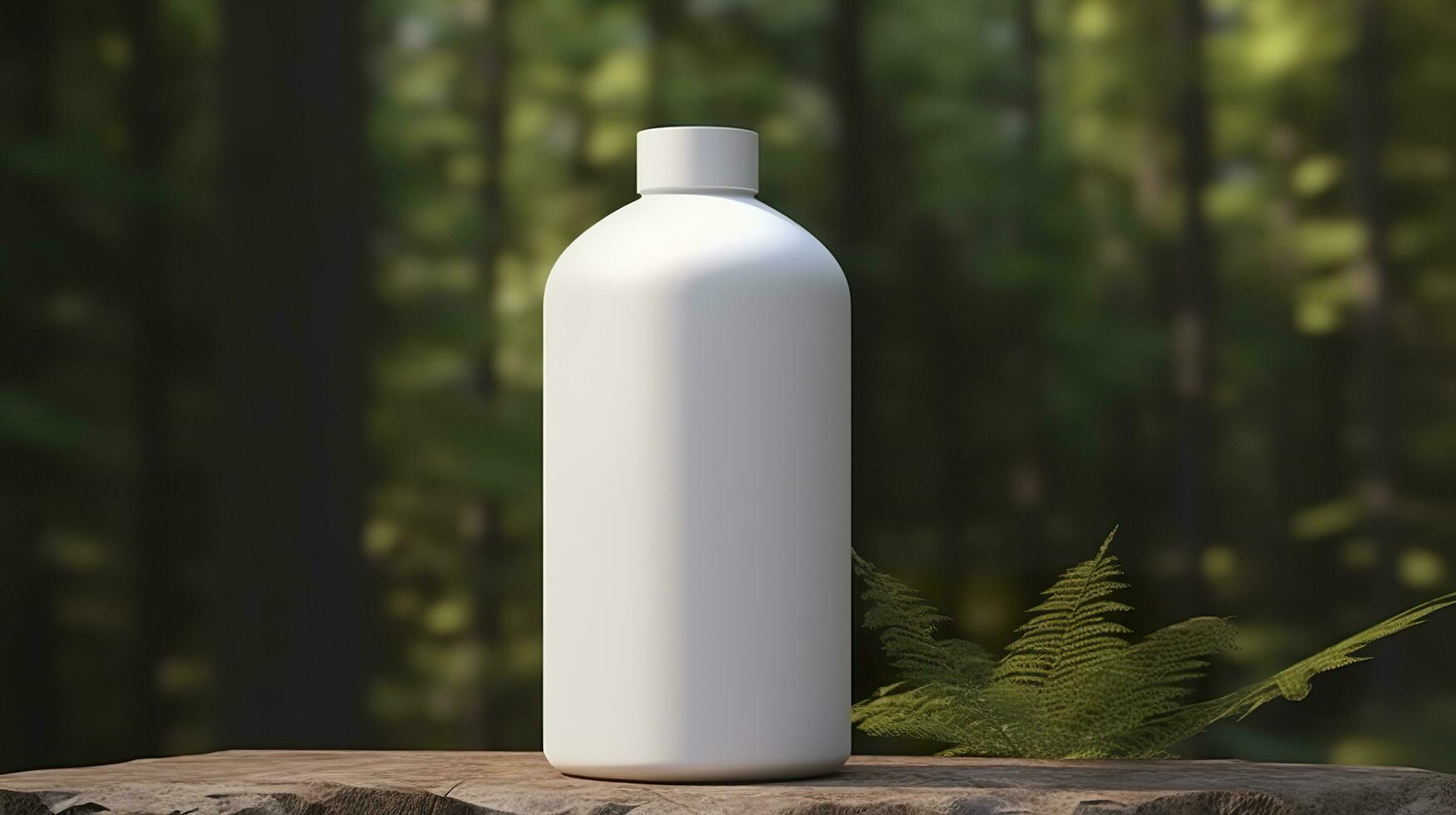 natural Cosmético produtos apresentação nos bastidores. ao ar livre floresta colocação. branco em branco jarra xampu garrafa. 3d. ai generativo foto