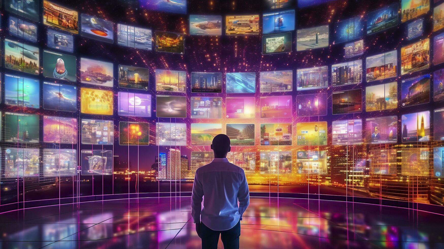 uma pessoa assistindo uma vídeo parede com multimídia imagens em diferente televisão telas. generativo ai foto