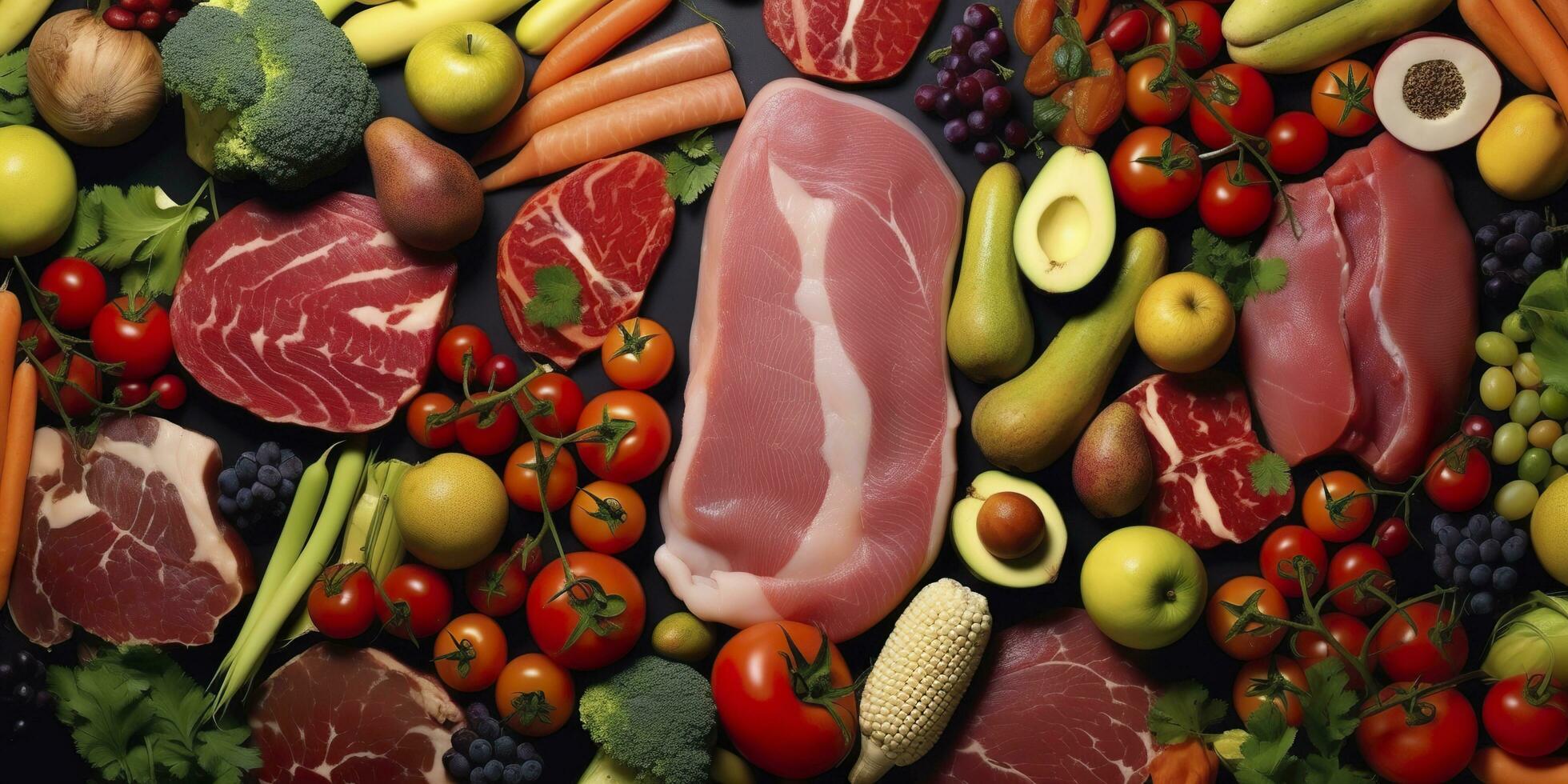 diferente tipos do carnes, vegetais, e frutas deitar dentro supermercados. generativo ai foto