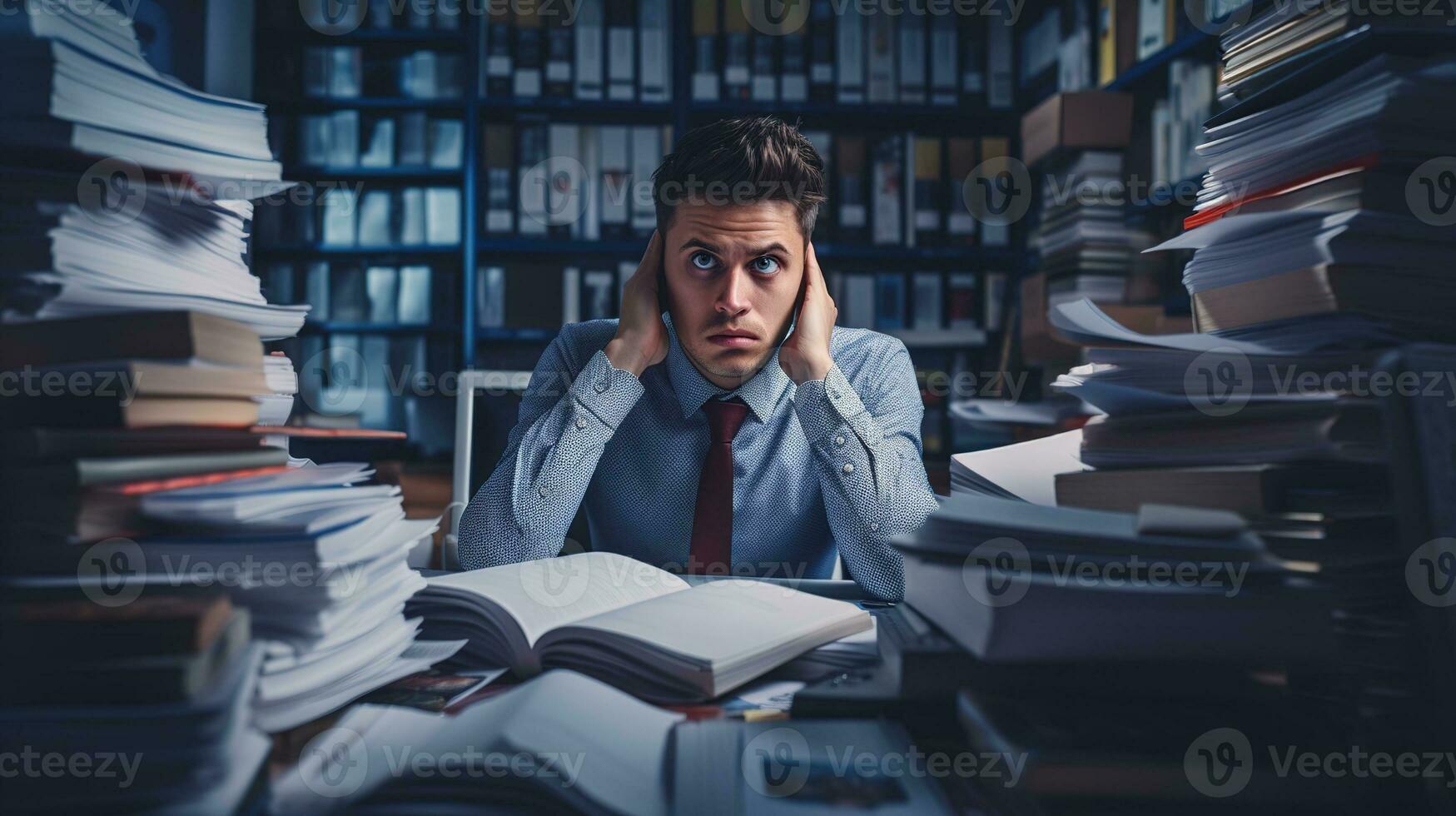 uma homem sentado às uma escrivaninha com livros dentro frente do ele. ai generativo foto