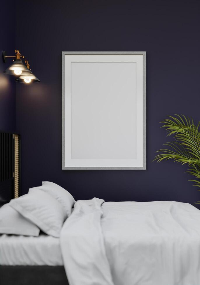 Quarto com cama 3D com moldura em branco foto