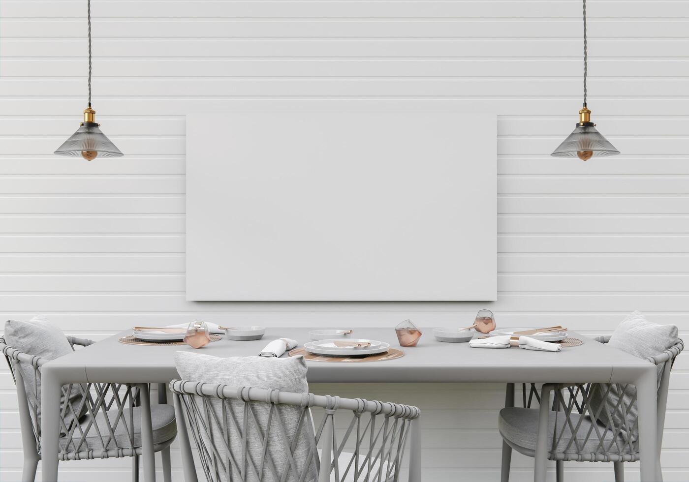 cozinha com utensílios de cozinha e molduras de parede, estilo 3d. foto