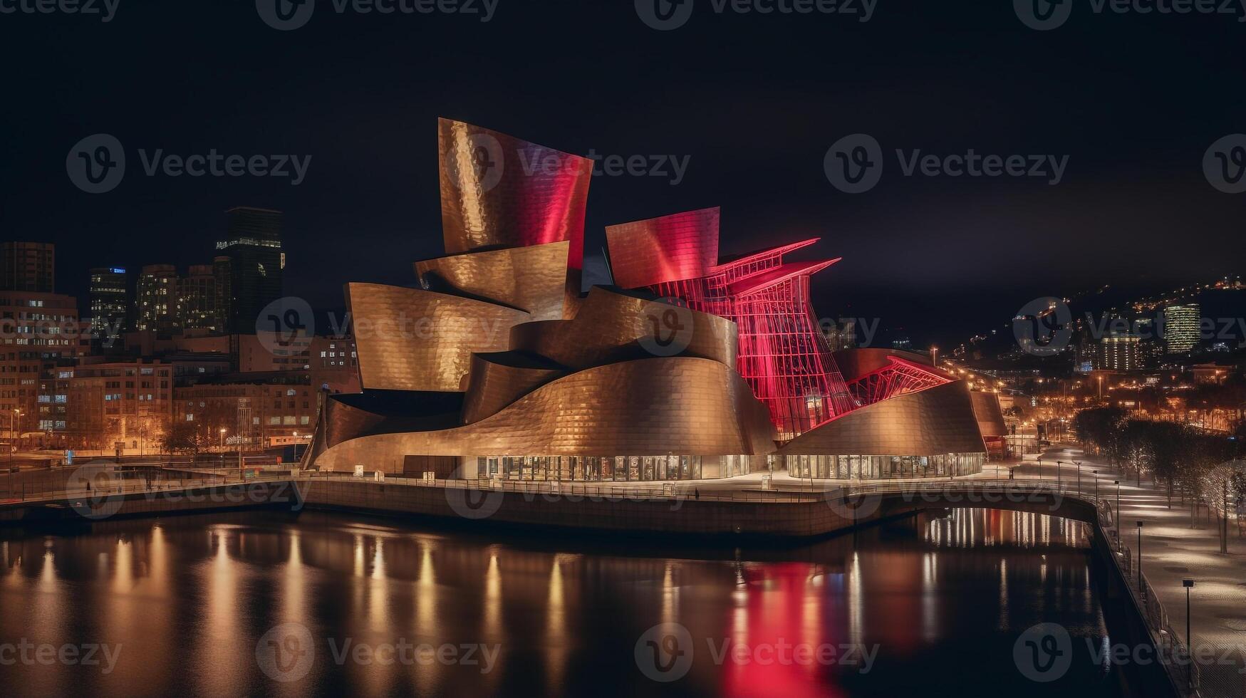 noite Visão do guggenheim museu bilbao. generativo ai foto