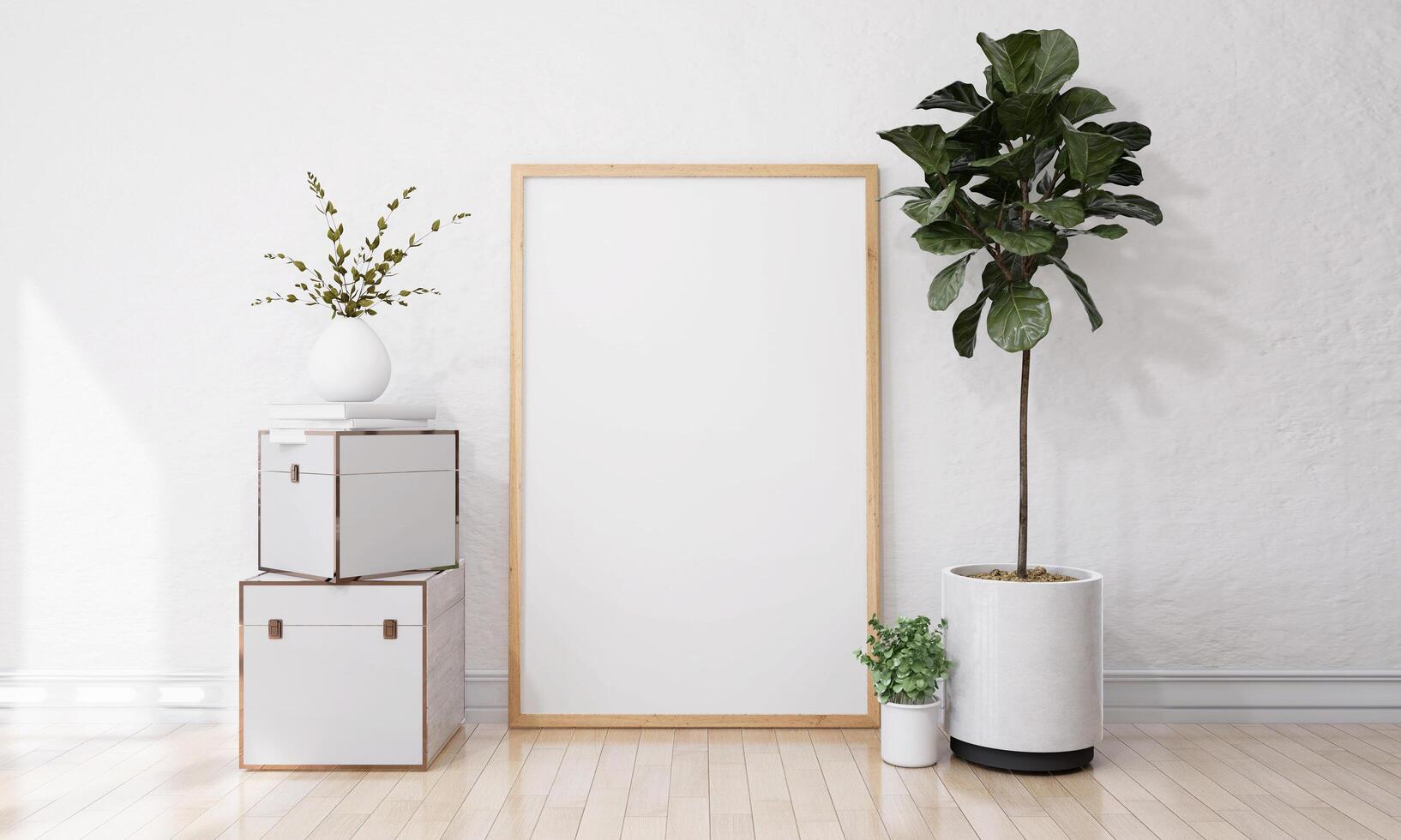 Molduras com vasos de plantas adornam a sala de estar. foto