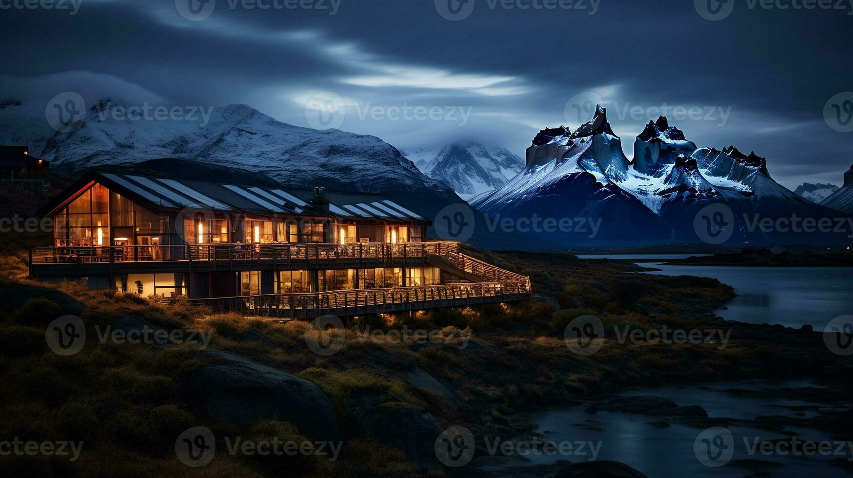 noite Visão do torres del paine hotel. generativo ai foto