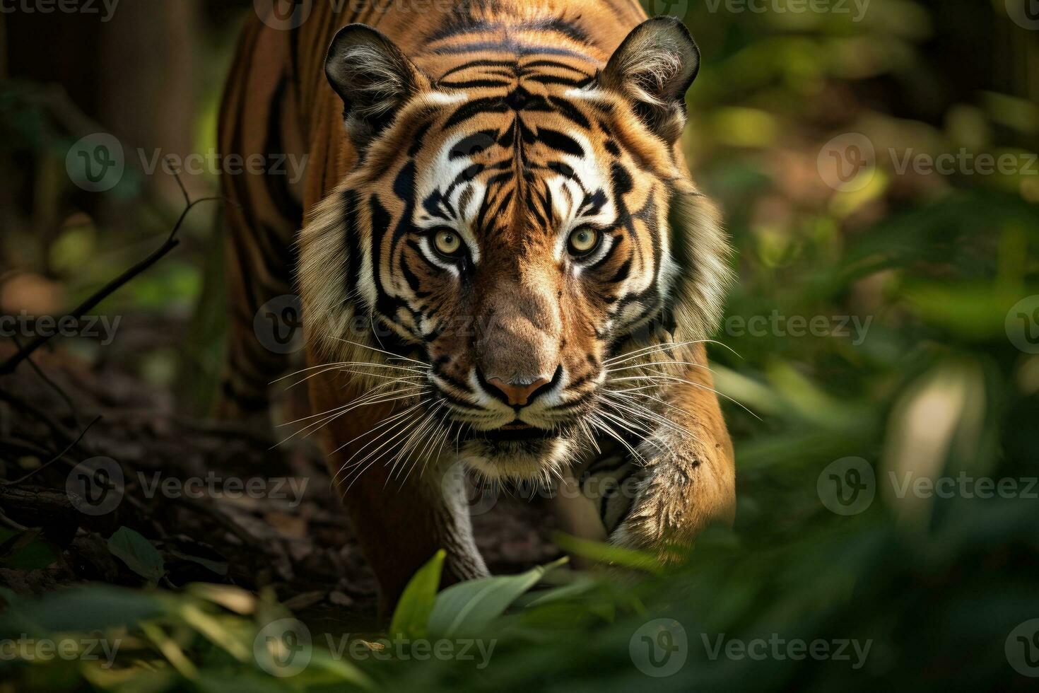 retrato do uma tigre dentro uma Sombrio floresta. 3d Renderização, ai  generativo imagem 23182396 Foto de stock no Vecteezy