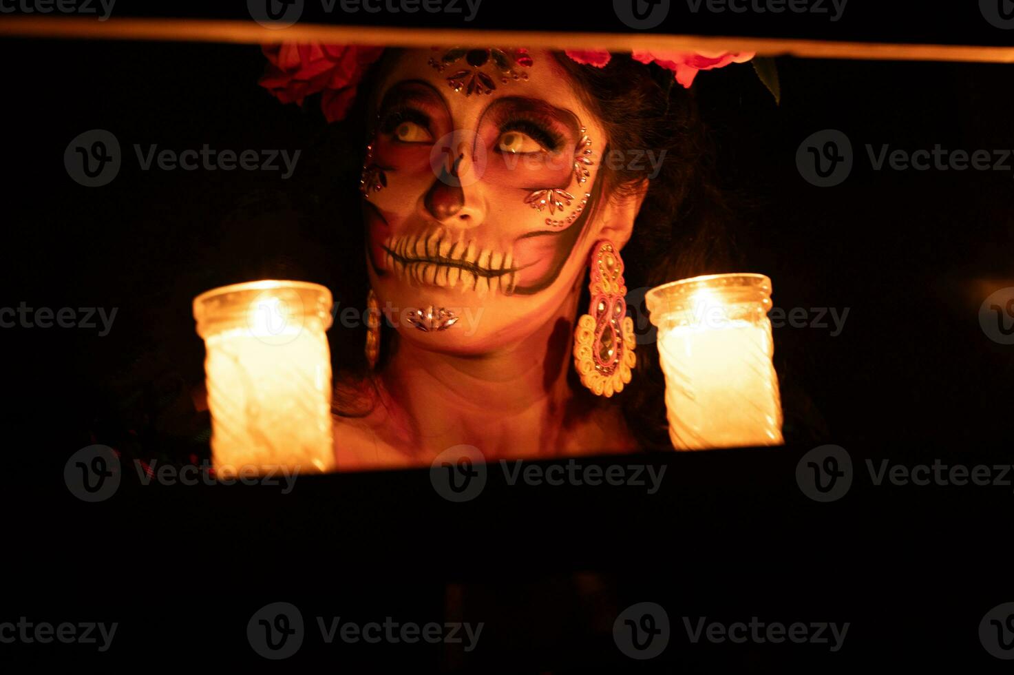 calavera Catrina sentado em uma trono. açúcar crânio inventar. dia de los mortos. dia do a morto. dia das Bruxas. foto