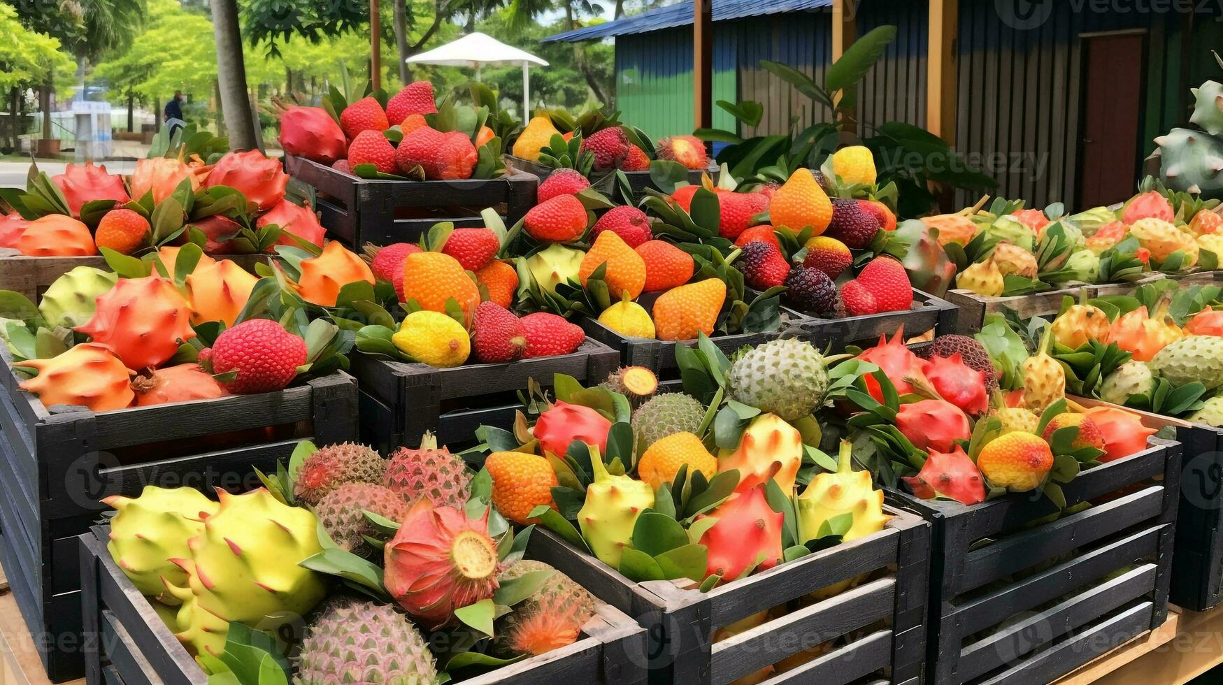 recentemente escolhido yangmei fruta a partir de jardim colocada dentro a caixas. generativo ai foto