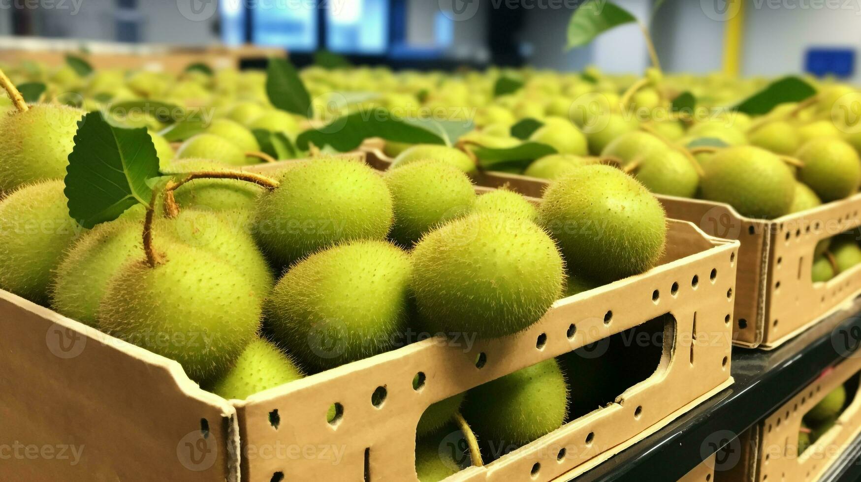 recentemente escolhido kiwis a partir de jardim colocada dentro a caixas. generativo ai foto