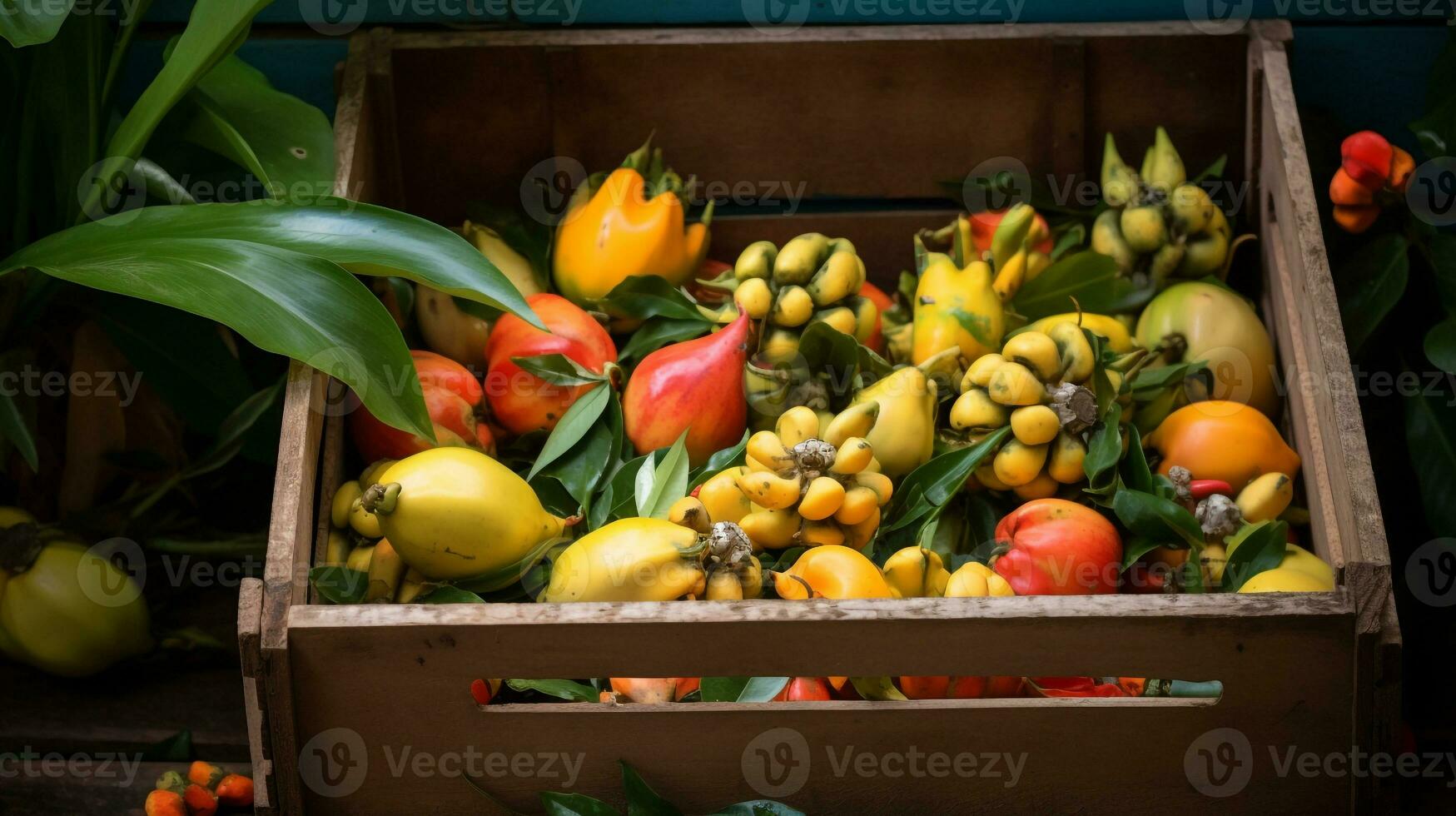 recentemente escolhido ackee fruta a partir de jardim colocada dentro a caixas. generativo ai foto