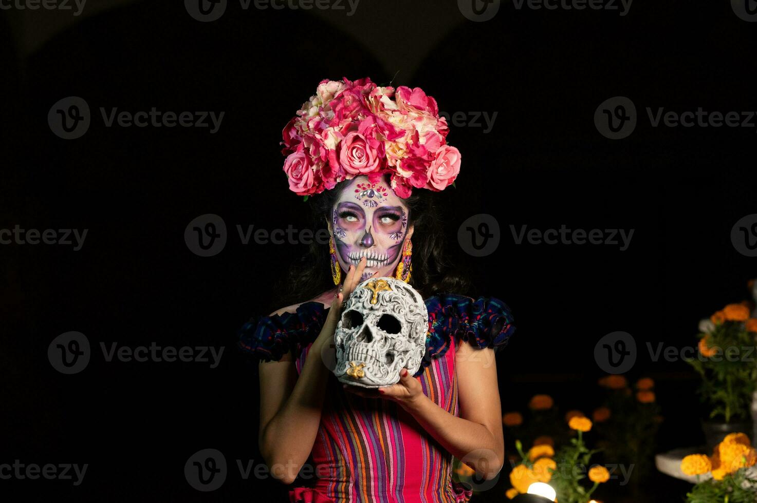 calavera Catrina sentado em uma trono. açúcar crânio inventar. dia de los mortos. dia do a morto. dia das Bruxas. foto