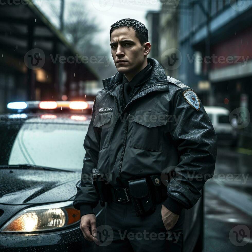 uma homem dentro uma polícia uniforme em pé Próximo para uma carro foto