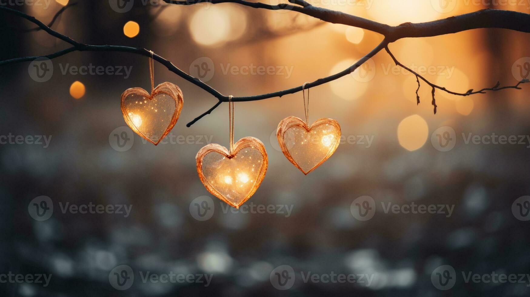 brilhar brilhando coração refletido luzes, laranja e ouro, cativante visual, romântico cenário, sonhadores, cópia de espaço, cumprimento cartão, ai generativo foto