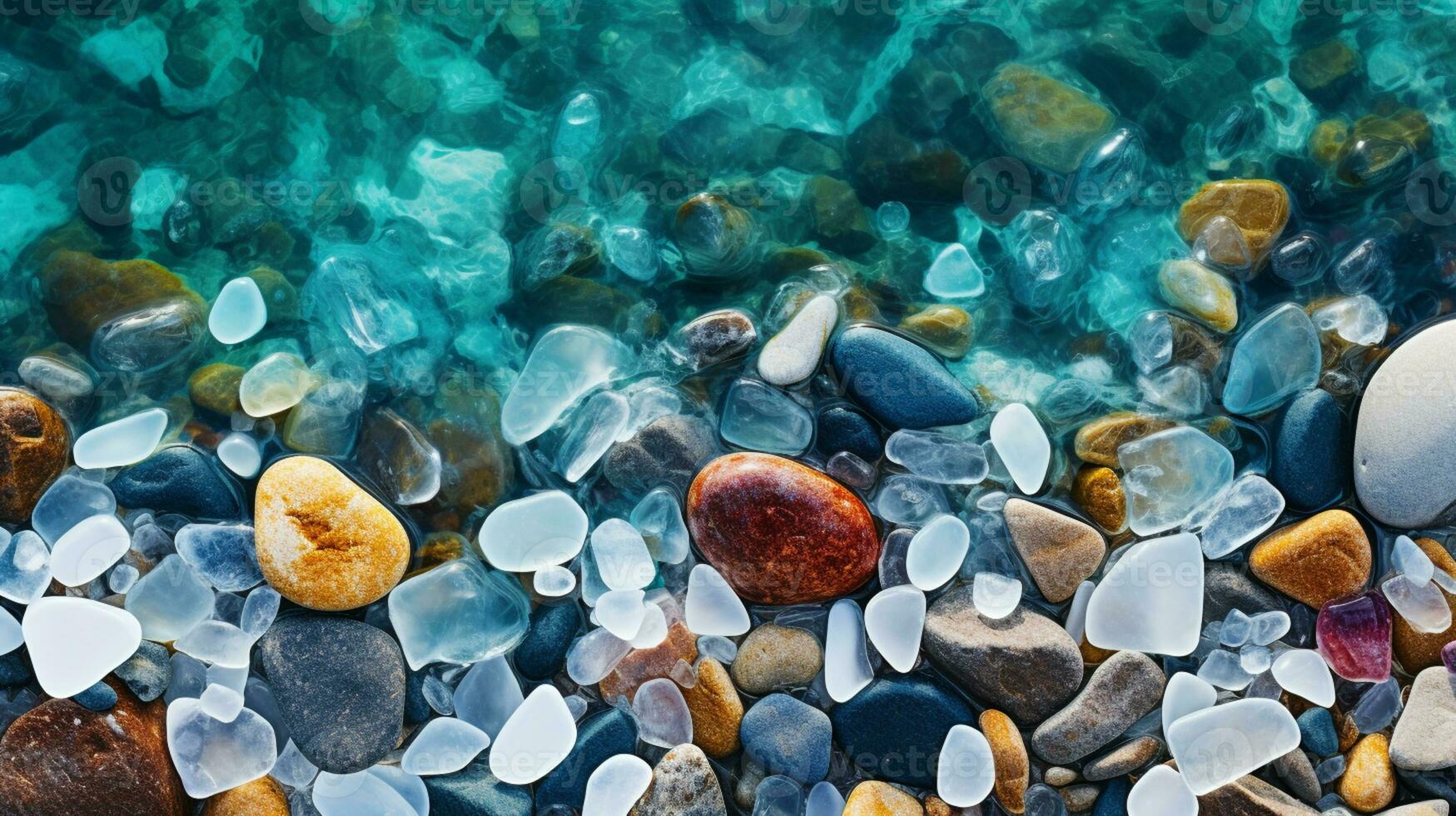 lindo vidro praia, colorida seixos, fantasia paisagem marítima, sonhadores atmosfera, ai generativo foto