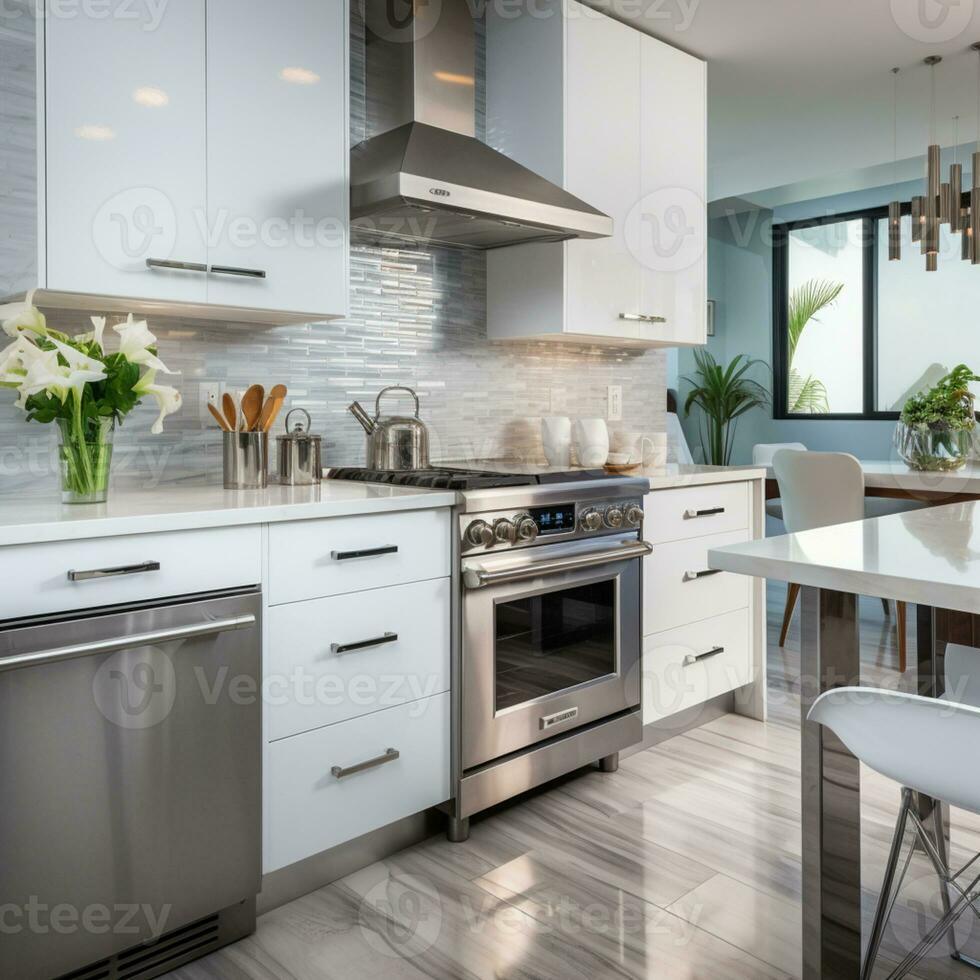 lustroso mobiliado cozinha, à moda lindo cozinhando área, interior projeto, ai generativo foto
