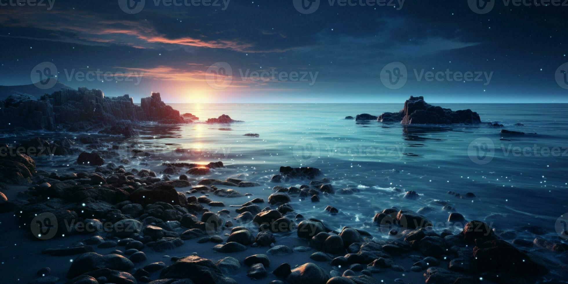 fantasia paisagem marítima, noite Visão do a oceano, brilhando mar, belas estrelado noite céu, sonhadores atmosfera, ai generativo foto