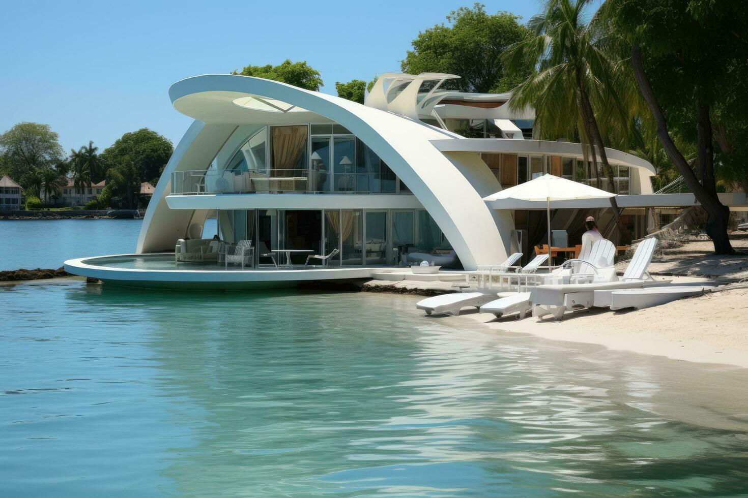 luxo villa em a de praia dentro Cayo largo, Cuba, fotografia do ampla lagoa de praia com minimalista arquitetônico branco ardósia de praia casa. uma mergulhando arredondado cobertura com vidro painéis, ai gerado foto