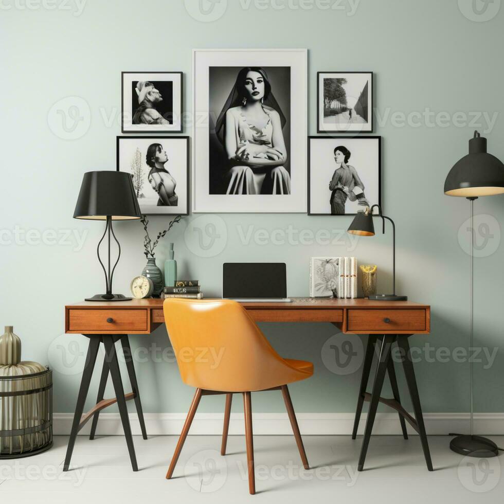 contemporâneo mobiliado casa escritório, confortável escritório, área de trabalho com escrivaninha e cadeira, à moda interior projeto, ai generativo foto