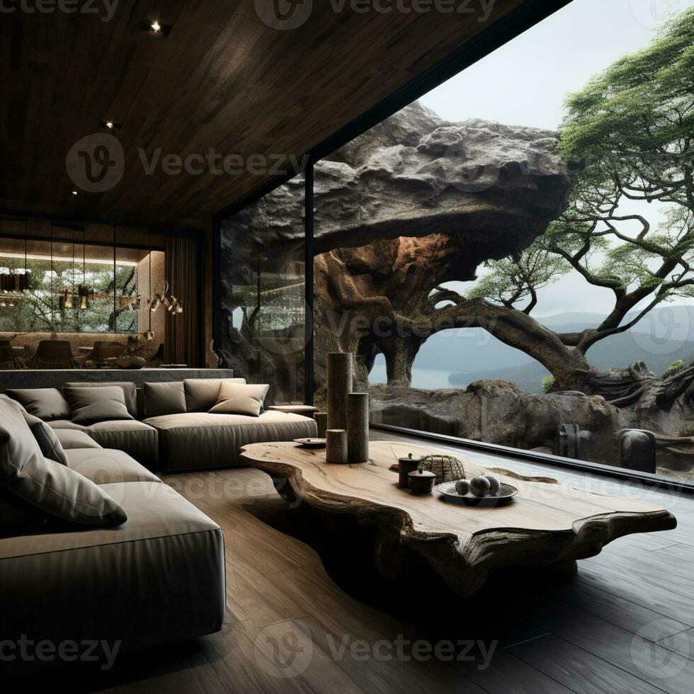 interior projeto, vivo quarto com sereno natureza visualizar, lindo mansão Projeto dentro a floresta, ai generativo foto